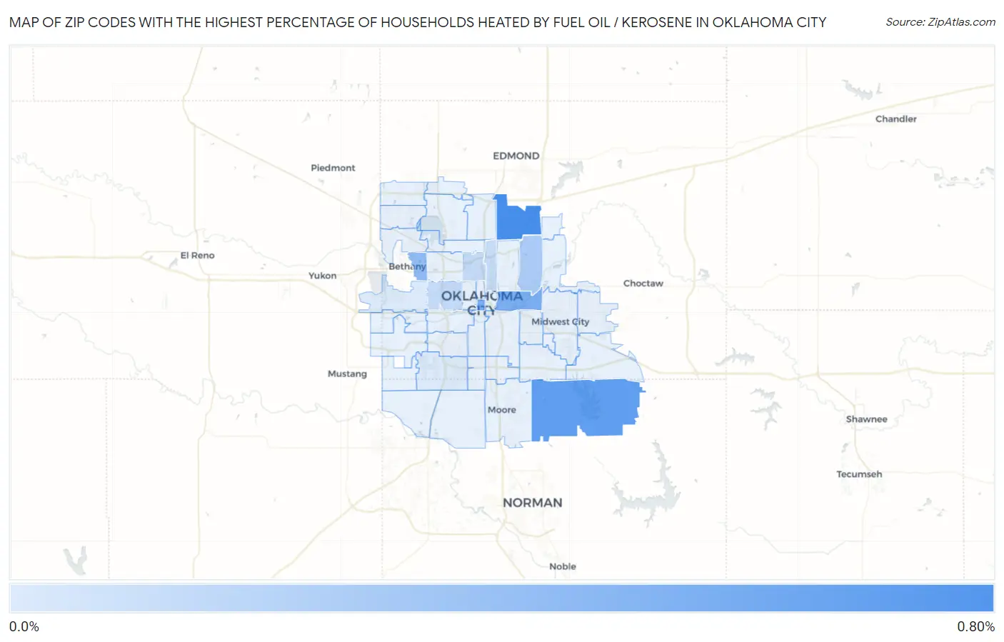 Zip Codes with the Highest Percentage of Households Heated by Fuel Oil / Kerosene in Oklahoma City Map