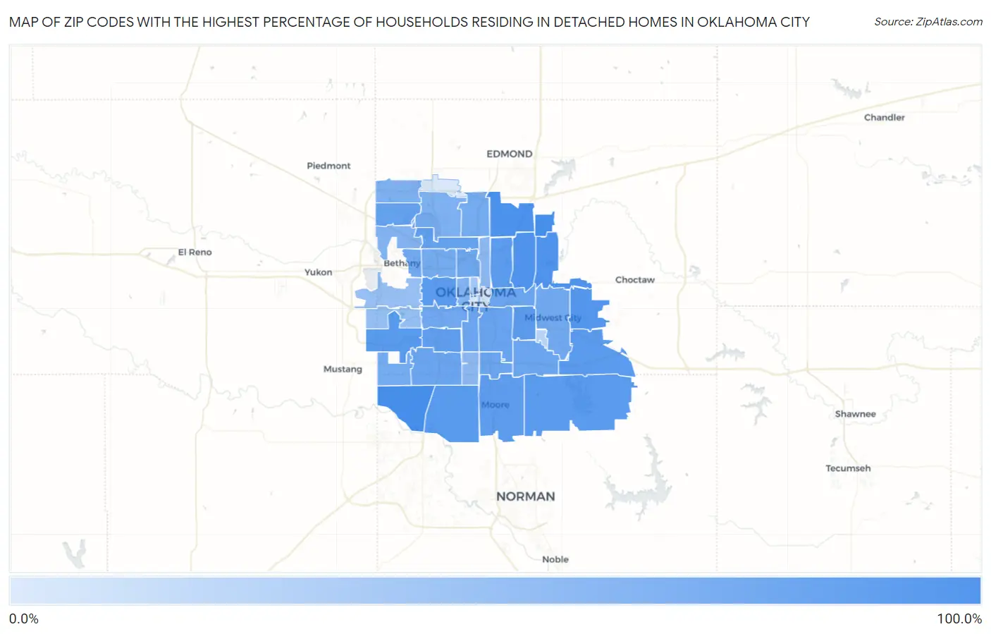 Zip Codes with the Highest Percentage of Households Residing in Detached Homes in Oklahoma City Map