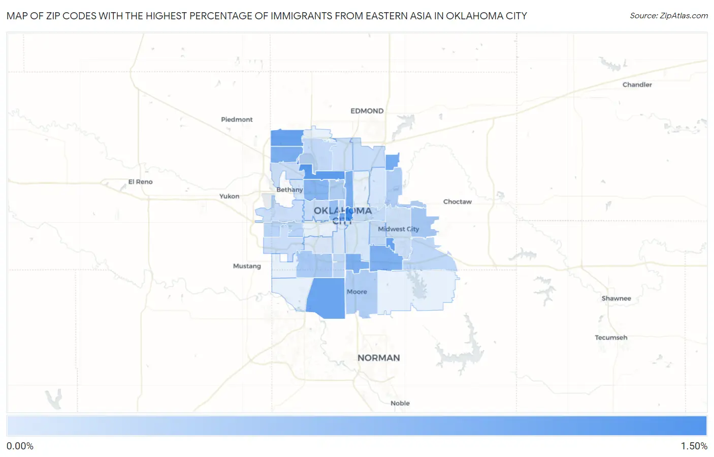 Zip Codes with the Highest Percentage of Immigrants from Eastern Asia in Oklahoma City Map