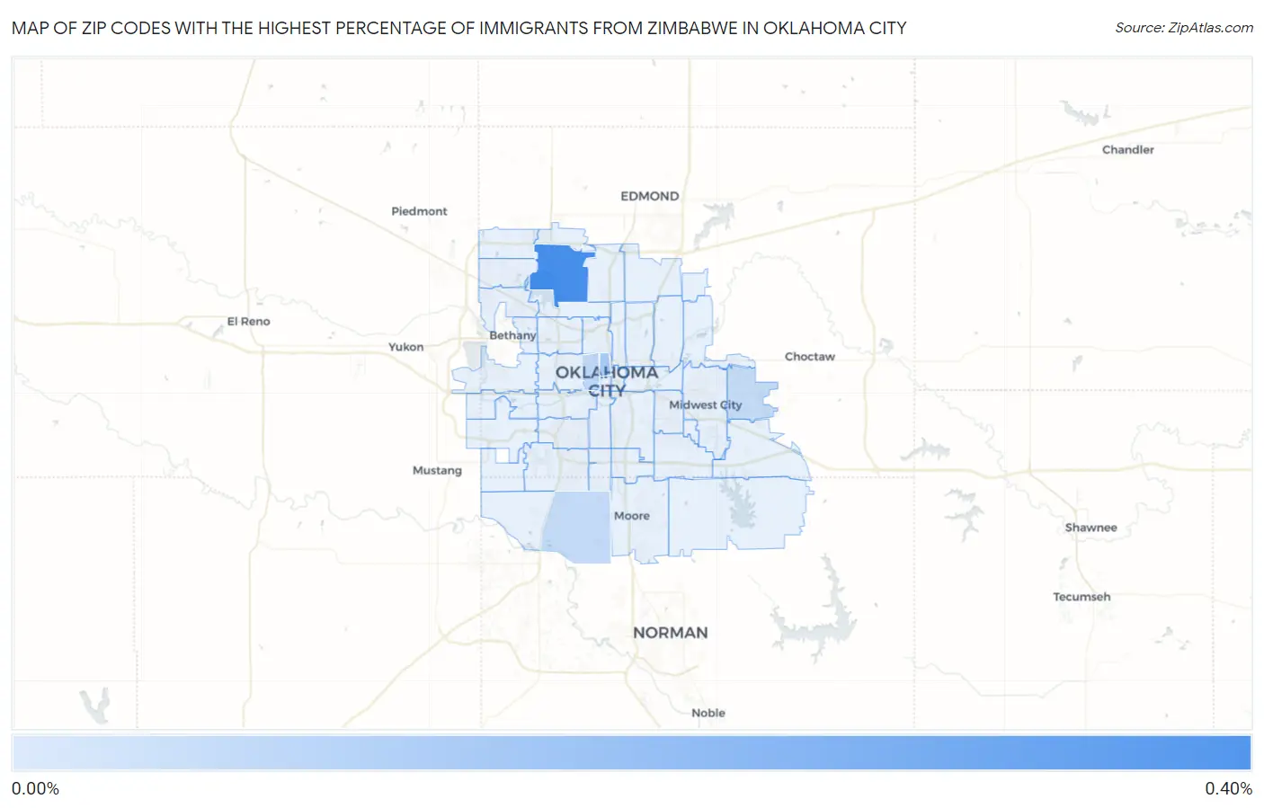 Zip Codes with the Highest Percentage of Immigrants from Zimbabwe in Oklahoma City Map