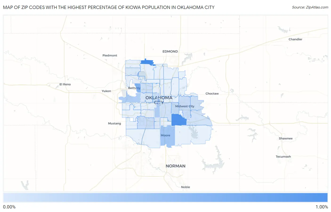 Zip Codes with the Highest Percentage of Kiowa Population in Oklahoma City Map