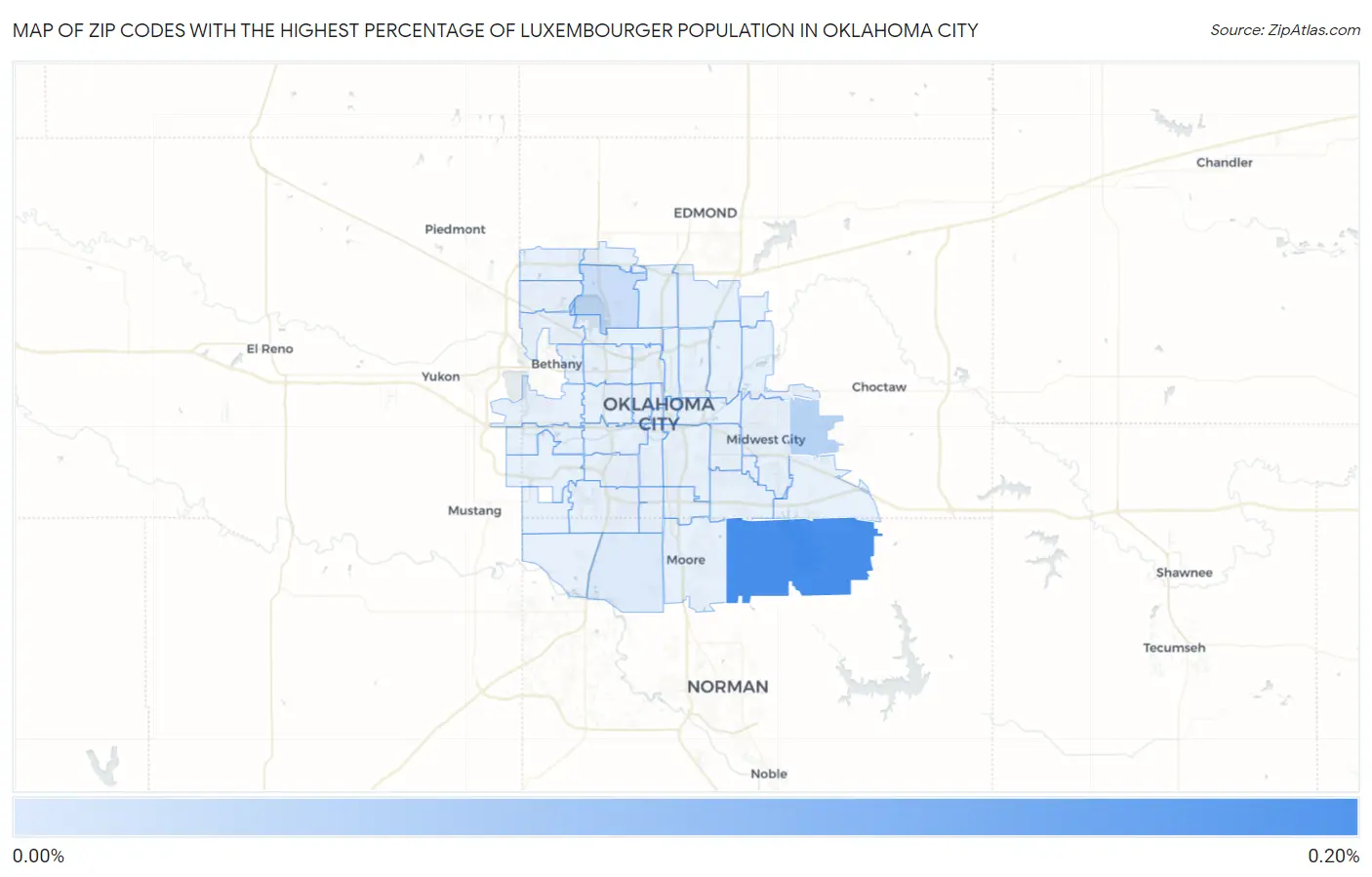 Zip Codes with the Highest Percentage of Luxembourger Population in Oklahoma City Map