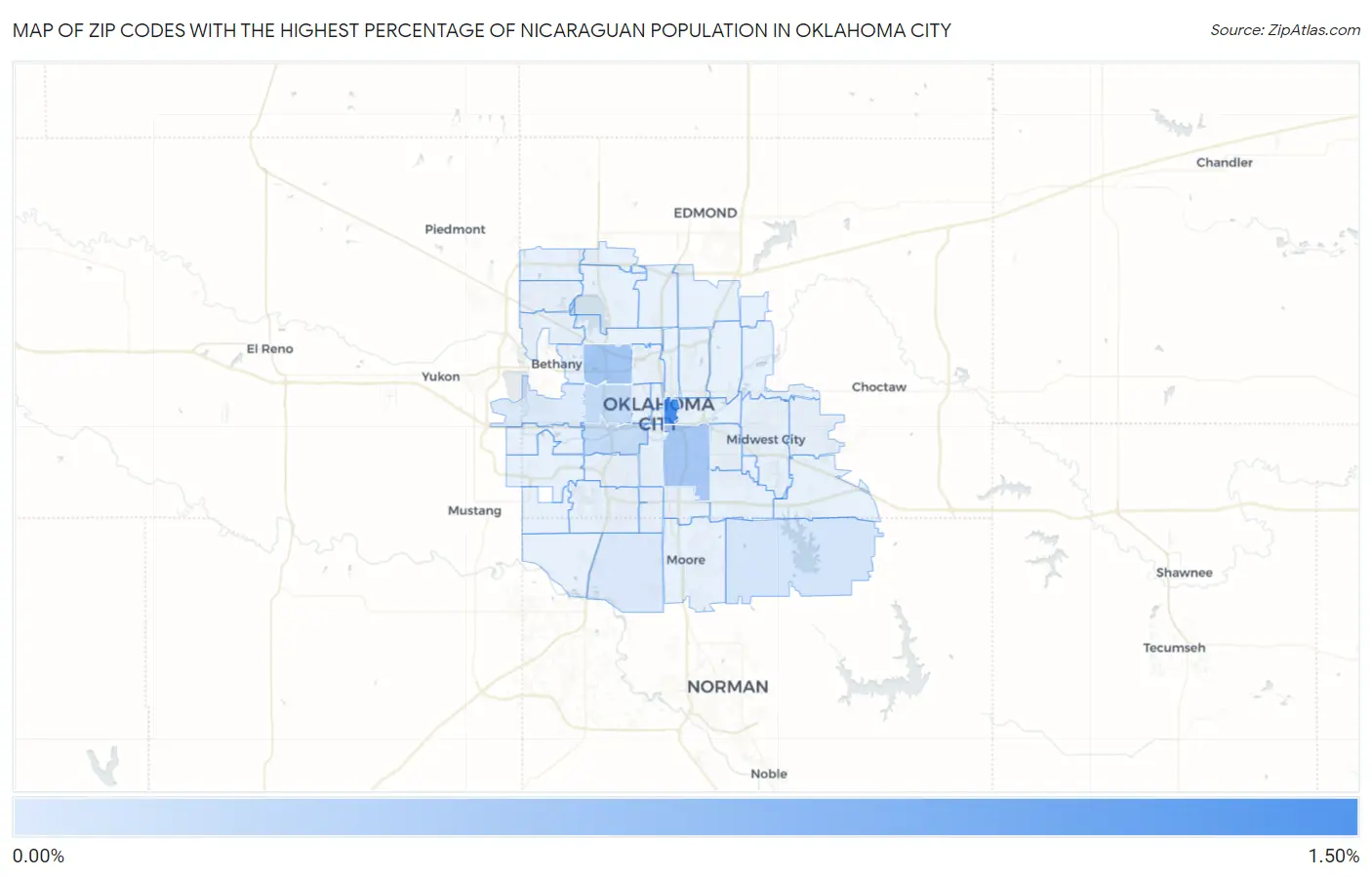 Zip Codes with the Highest Percentage of Nicaraguan Population in Oklahoma City Map