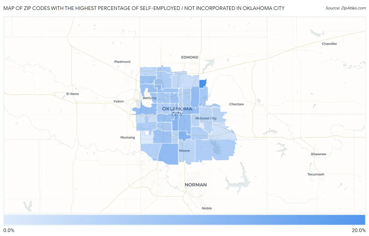 Zip Codes with the Highest Percentage of Self-Employed / Not Incorporated in Oklahoma City Map