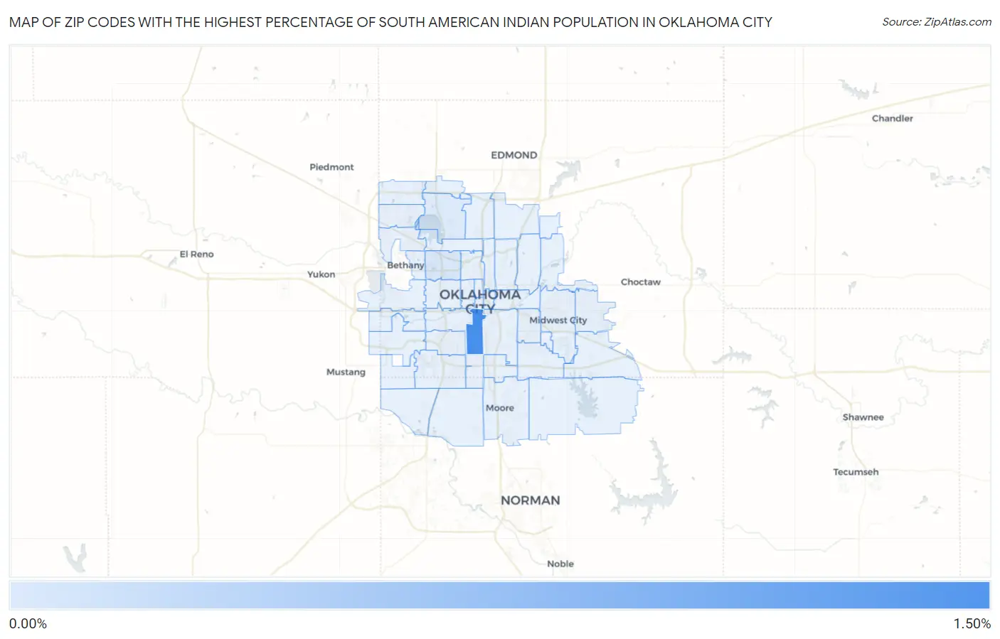 Zip Codes with the Highest Percentage of South American Indian Population in Oklahoma City Map