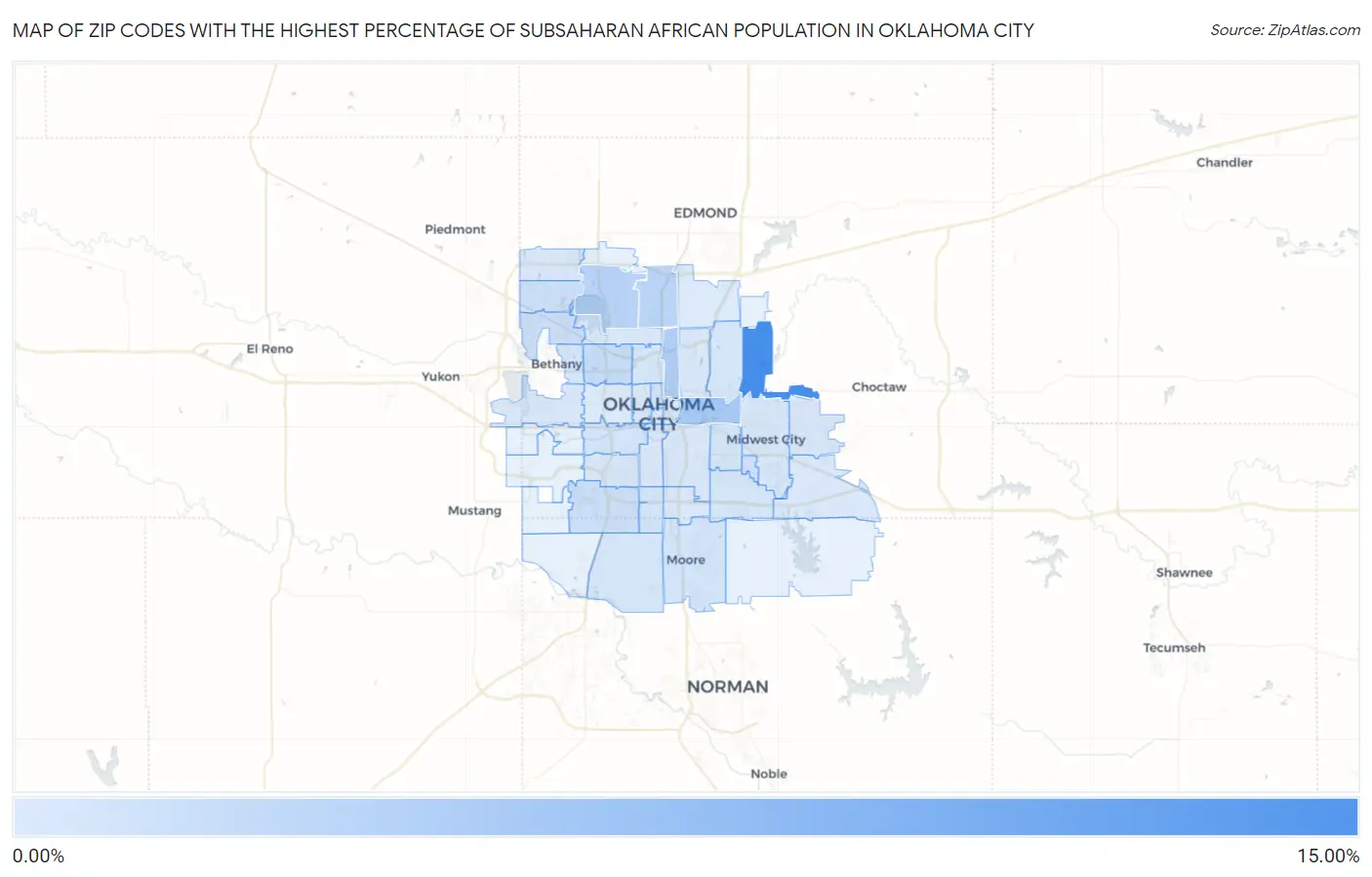 Zip Codes with the Highest Percentage of Subsaharan African Population in Oklahoma City Map