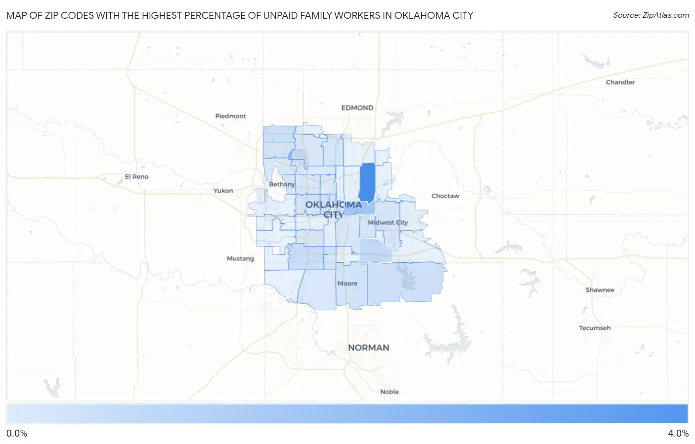Zip Codes with the Highest Percentage of Unpaid Family Workers in Oklahoma City Map