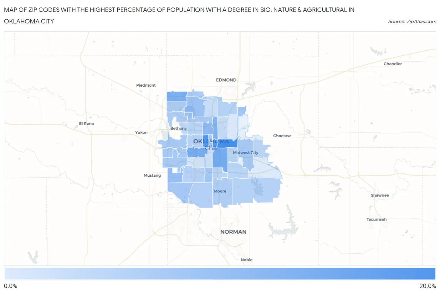Zip Codes with the Highest Percentage of Population with a Degree in Bio, Nature & Agricultural in Oklahoma City Map