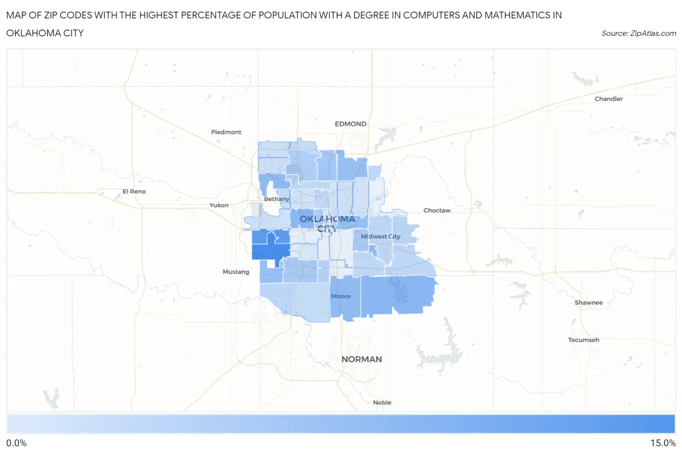 Zip Codes with the Highest Percentage of Population with a Degree in Computers and Mathematics in Oklahoma City Map