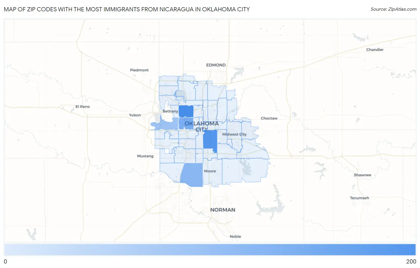Zip Codes with the Most Immigrants from Nicaragua in Oklahoma City Map