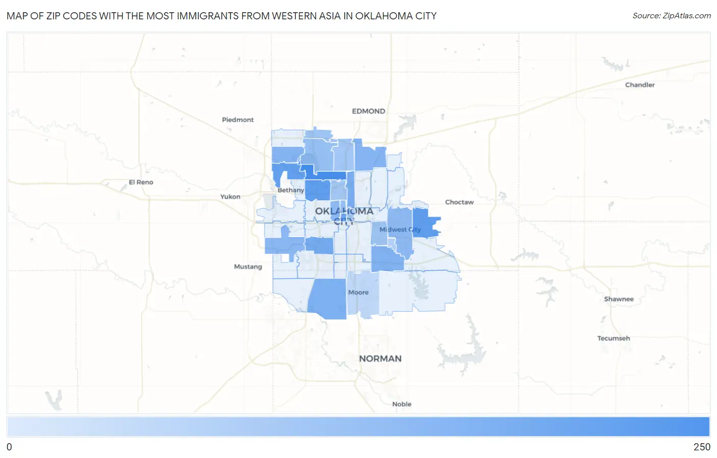 Zip Codes with the Most Immigrants from Western Asia in Oklahoma City Map
