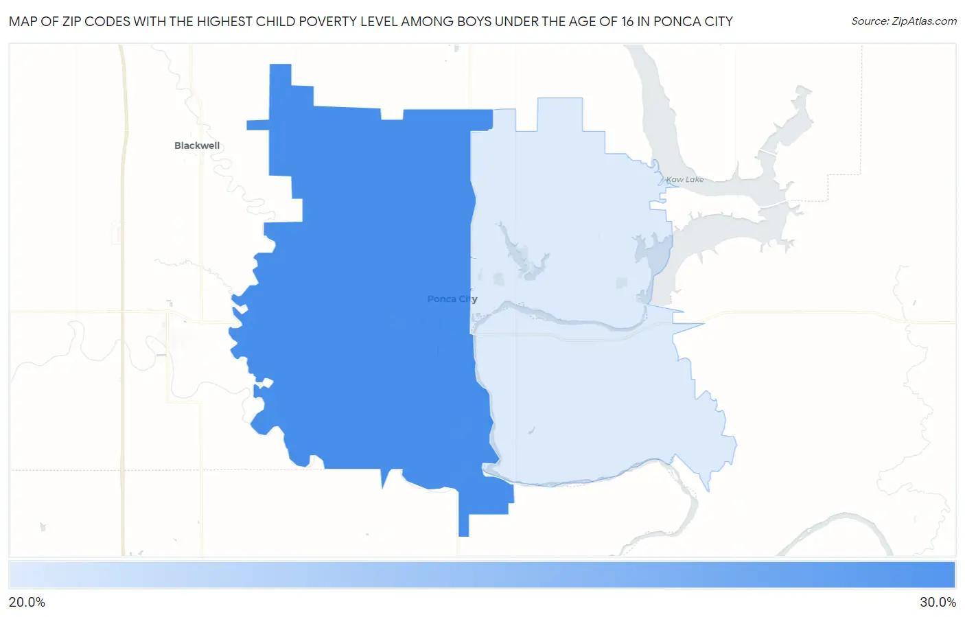 Zip Codes with the Highest Child Poverty Level Among Boys Under the Age of 16 in Ponca City Map