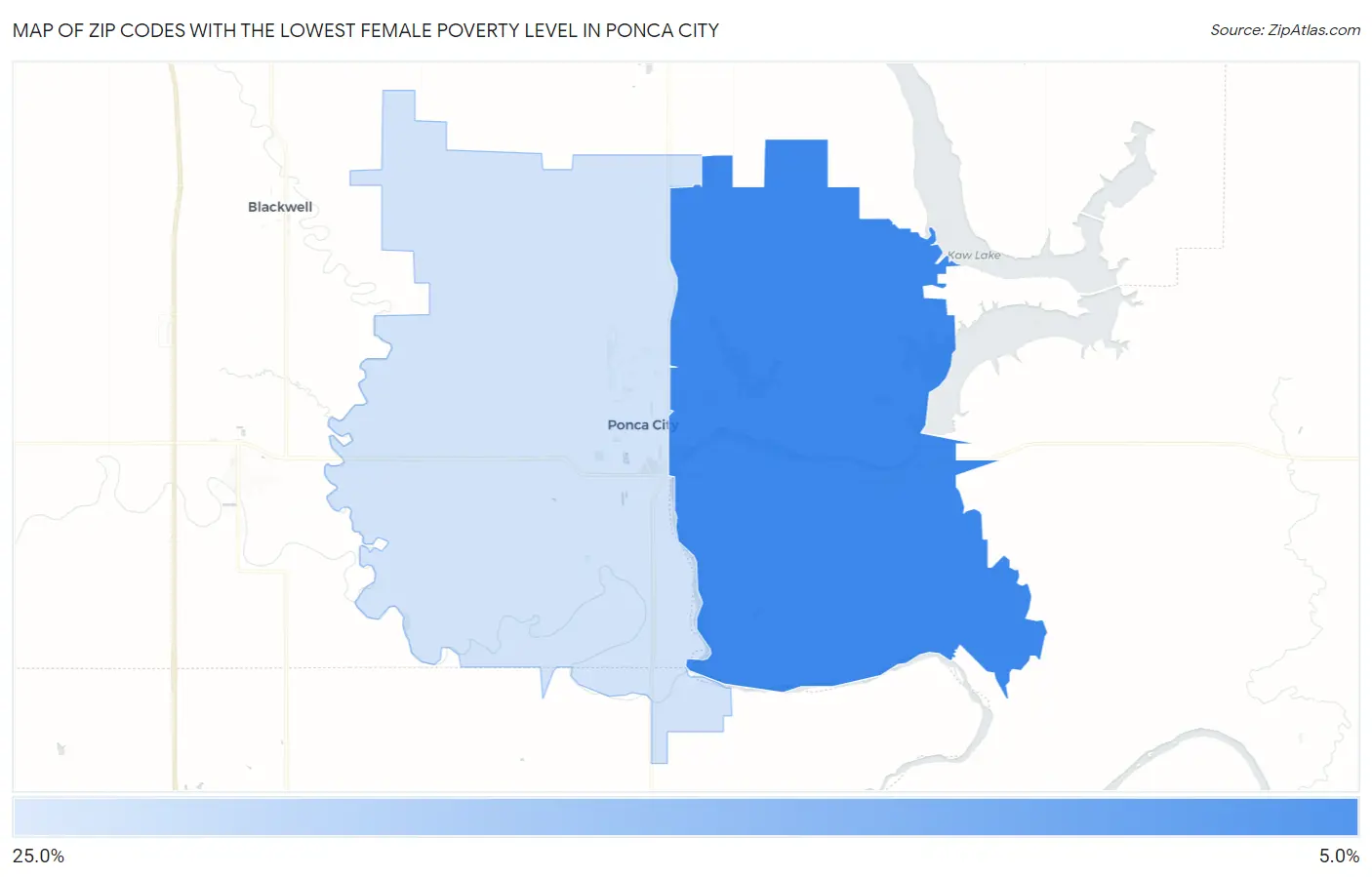 Zip Codes with the Lowest Female Poverty Level in Ponca City Map