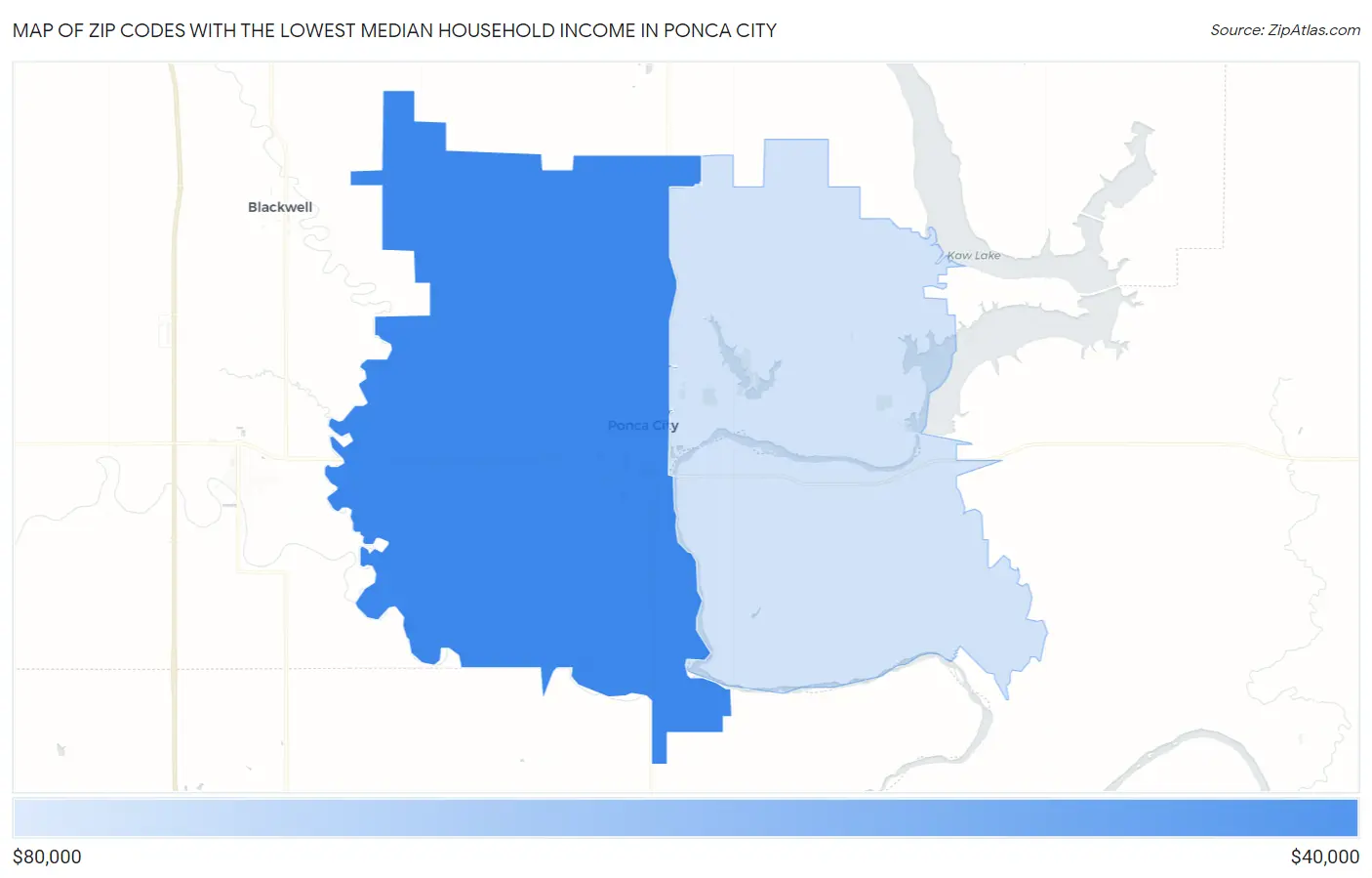 Zip Codes with the Lowest Median Household Income in Ponca City Map