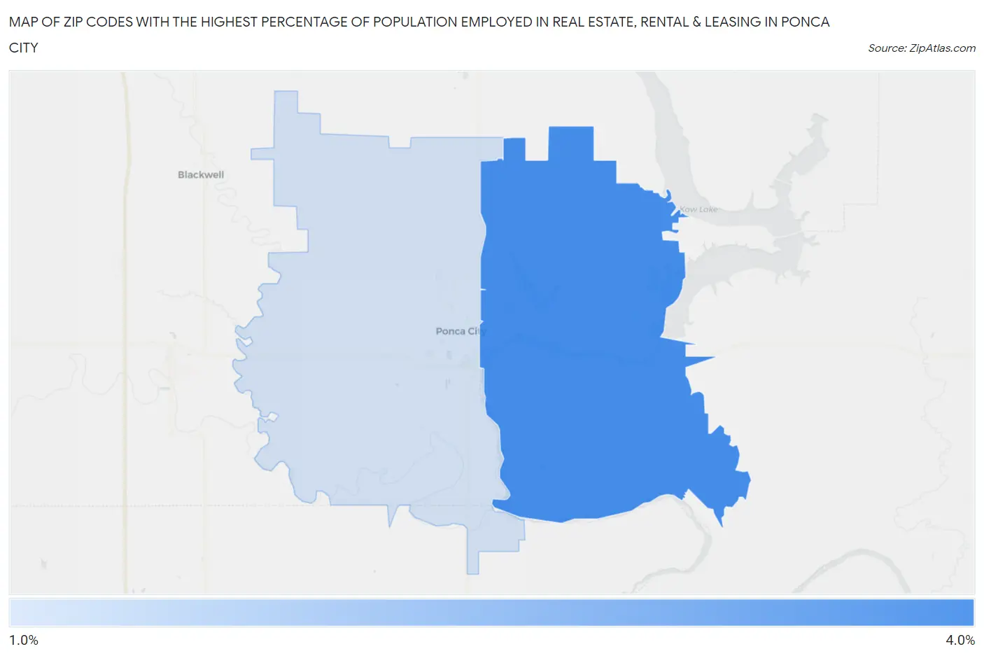 Zip Codes with the Highest Percentage of Population Employed in Real Estate, Rental & Leasing in Ponca City Map