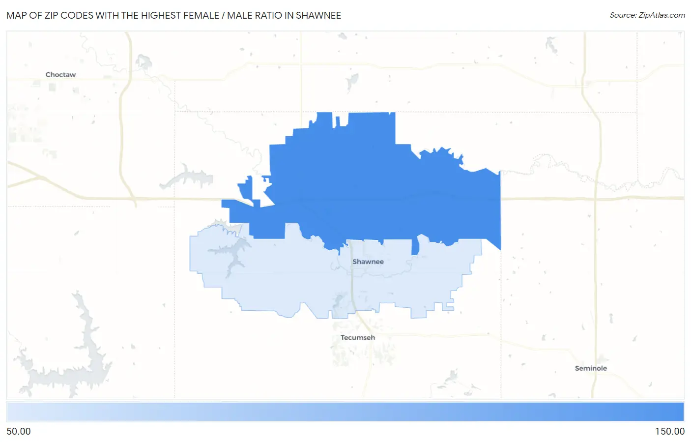 Zip Codes with the Highest Female / Male Ratio in Shawnee Map