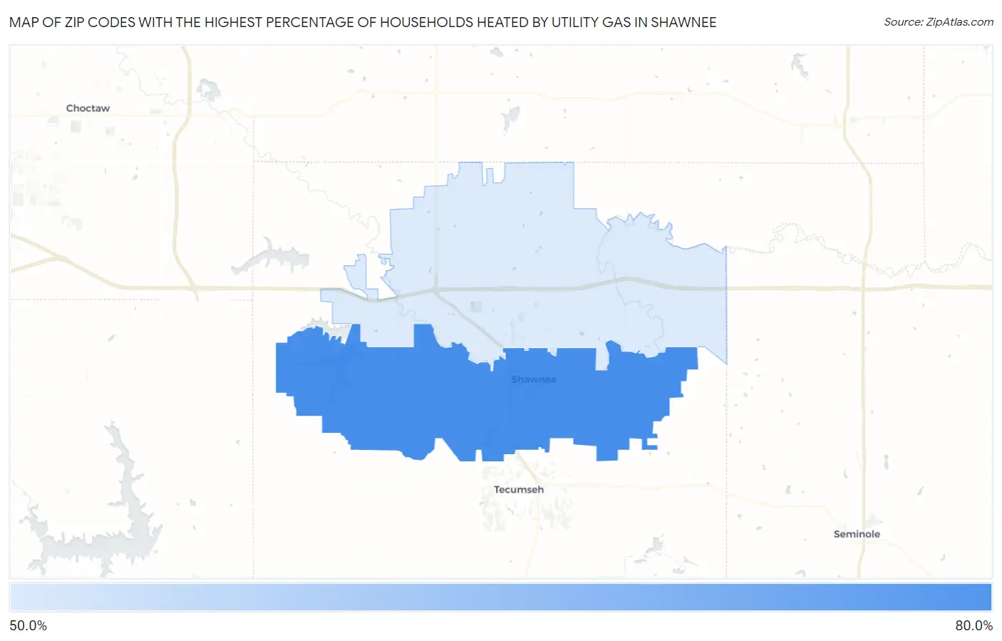 Zip Codes with the Highest Percentage of Households Heated by Utility Gas in Shawnee Map