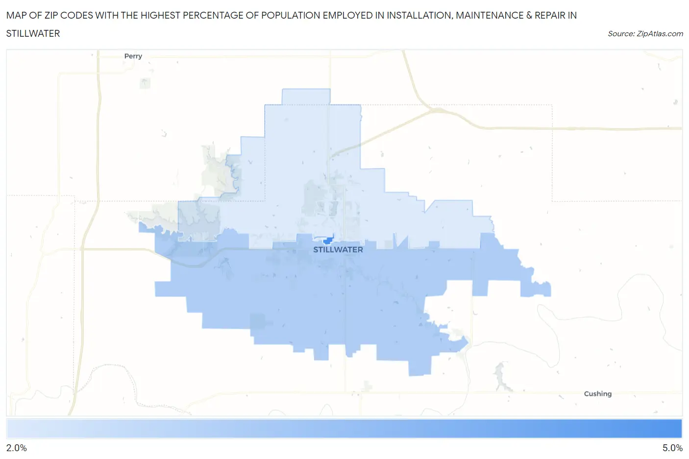 Zip Codes with the Highest Percentage of Population Employed in Installation, Maintenance & Repair in Stillwater Map