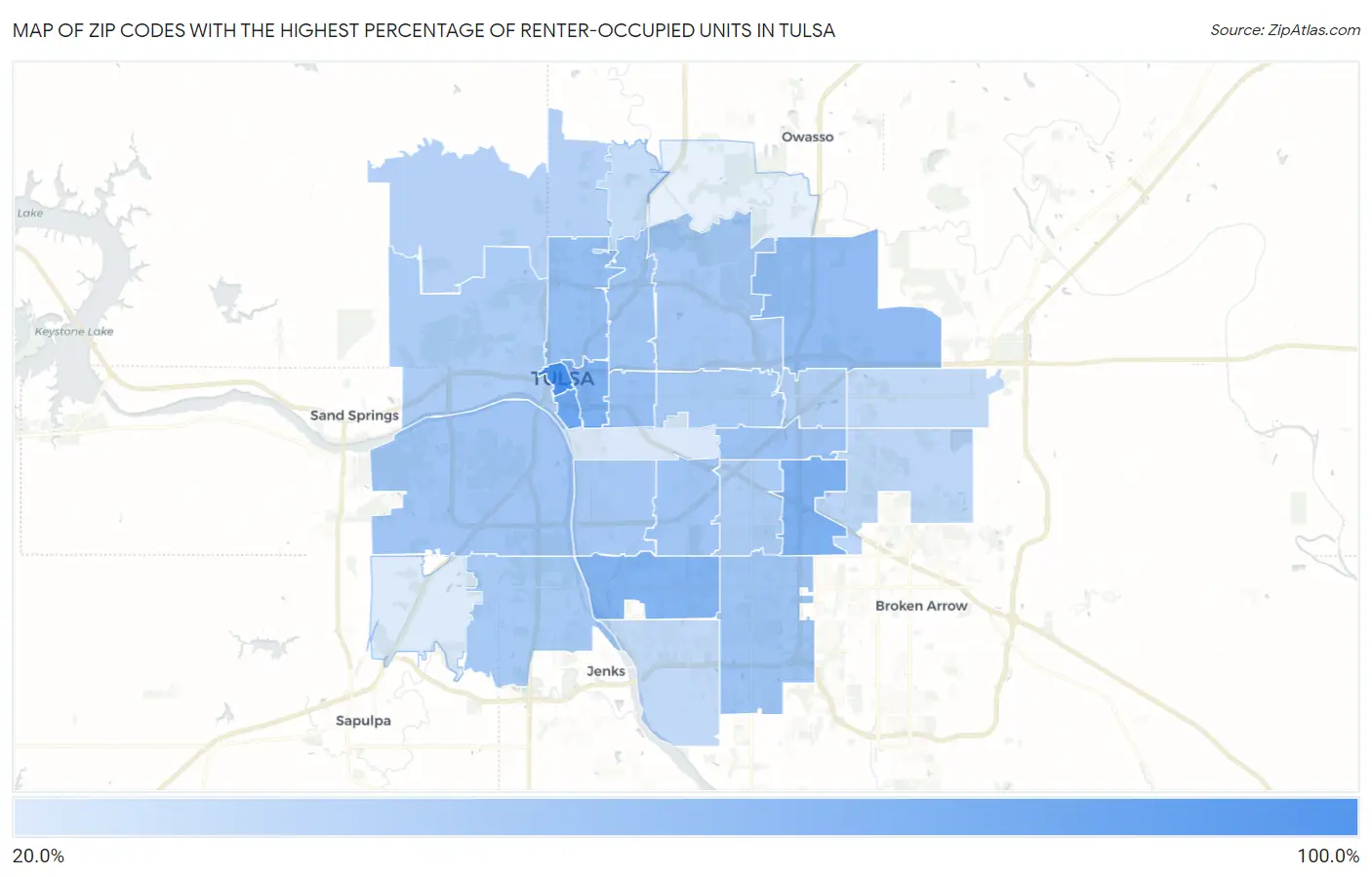 Zip Codes with the Highest Percentage of Renter-Occupied Units in Tulsa Map