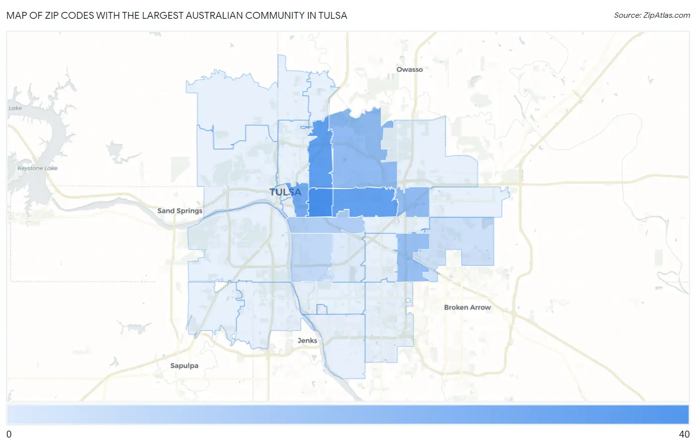 Zip Codes with the Largest Australian Community in Tulsa Map