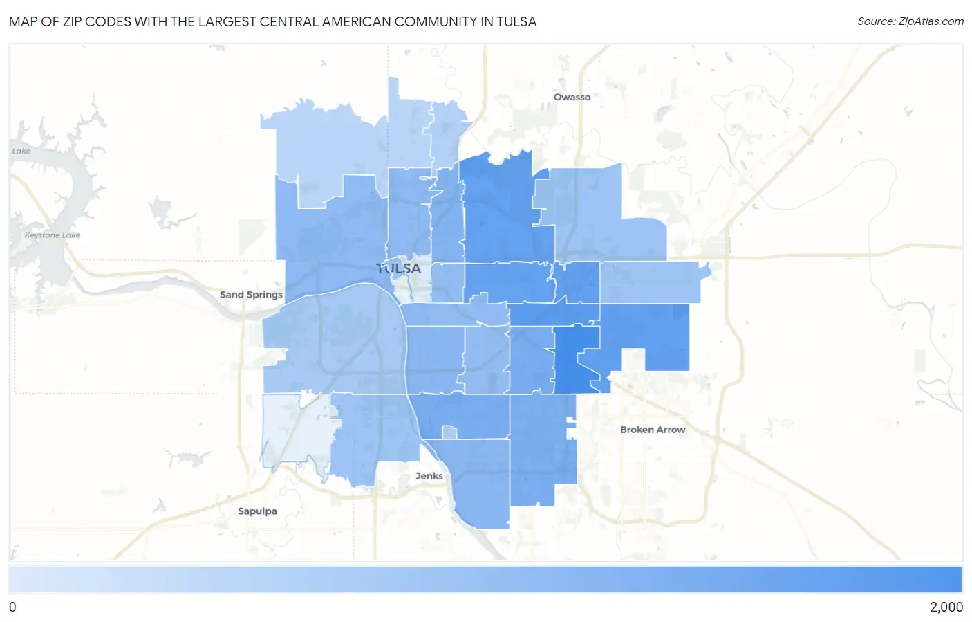 Zip Codes with the Largest Central American Community in Tulsa Map