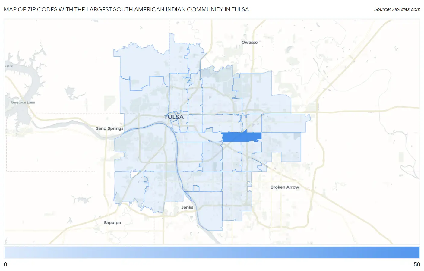 Zip Codes with the Largest South American Indian Community in Tulsa Map