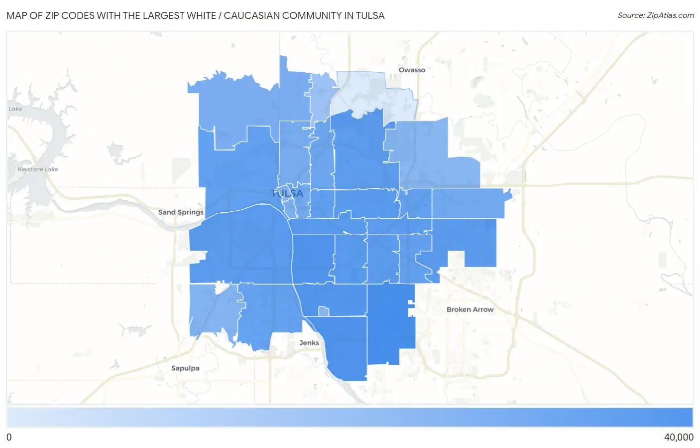 Zip Codes with the Largest White / Caucasian Community in Tulsa Map