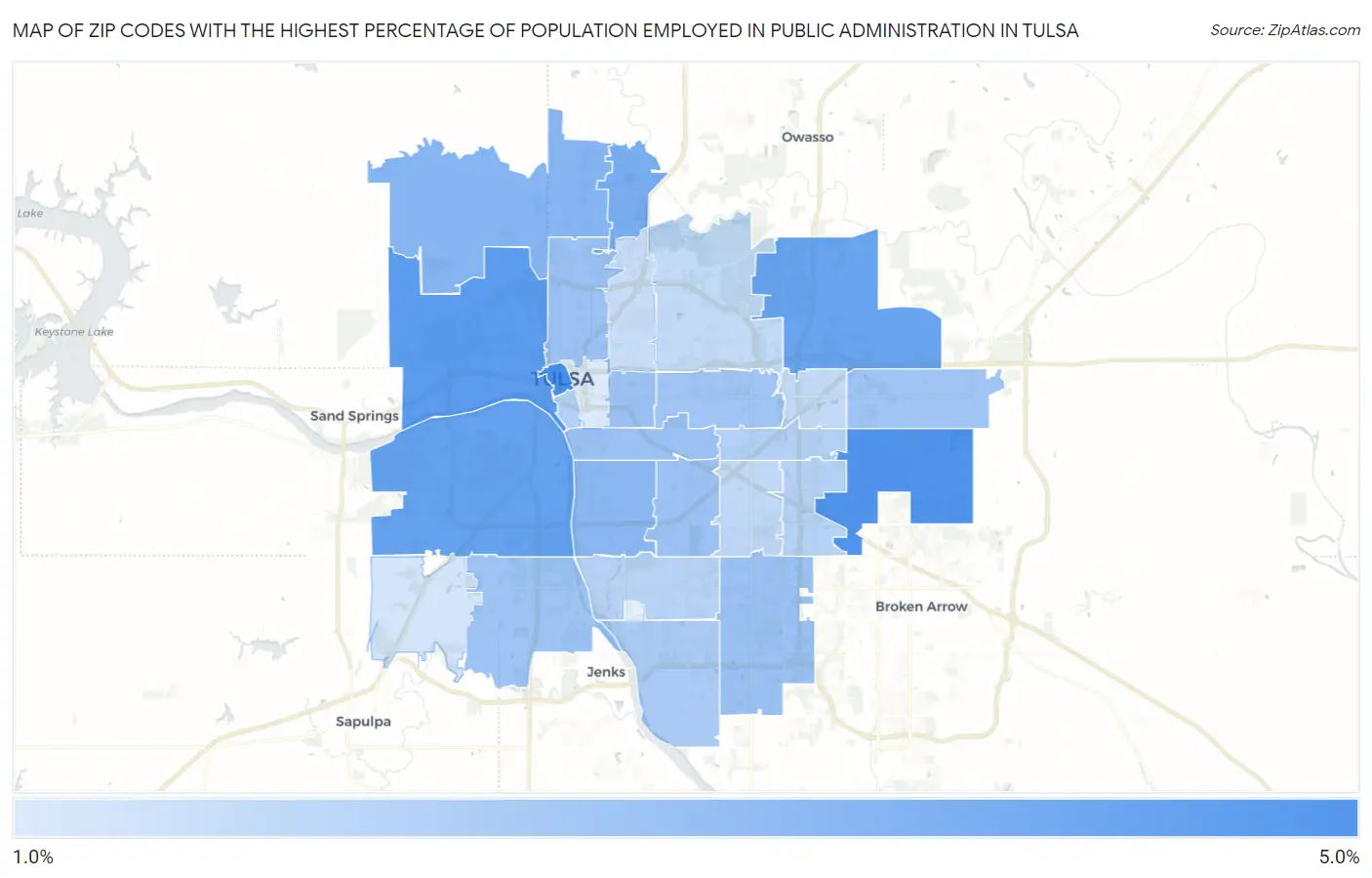 Zip Codes with the Highest Percentage of Population Employed in Public Administration in Tulsa Map
