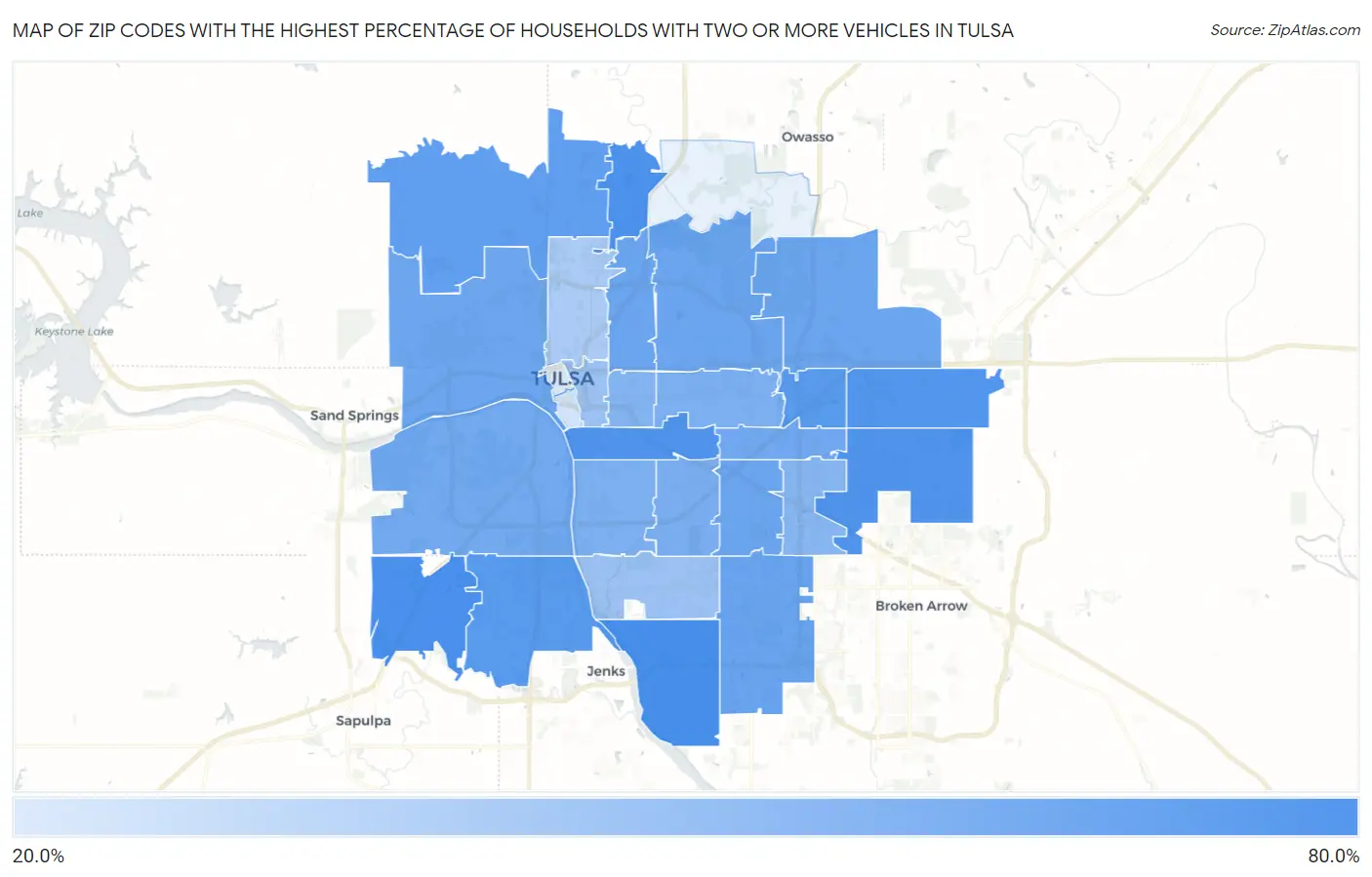 Zip Codes with the Highest Percentage of Households With Two or more Vehicles in Tulsa Map
