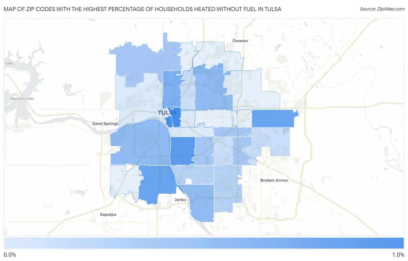 Zip Codes with the Highest Percentage of Households Heated without Fuel in Tulsa Map