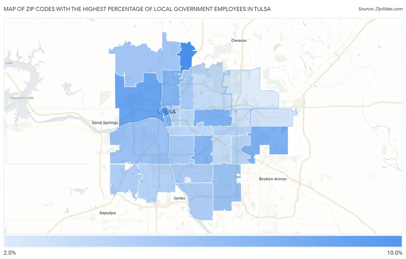 Zip Codes with the Highest Percentage of Local Government Employees in Tulsa Map