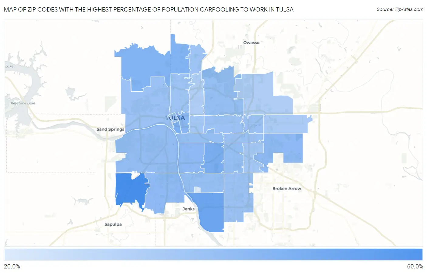 Zip Codes with the Highest Percentage of Population Carpooling to Work in Tulsa Map