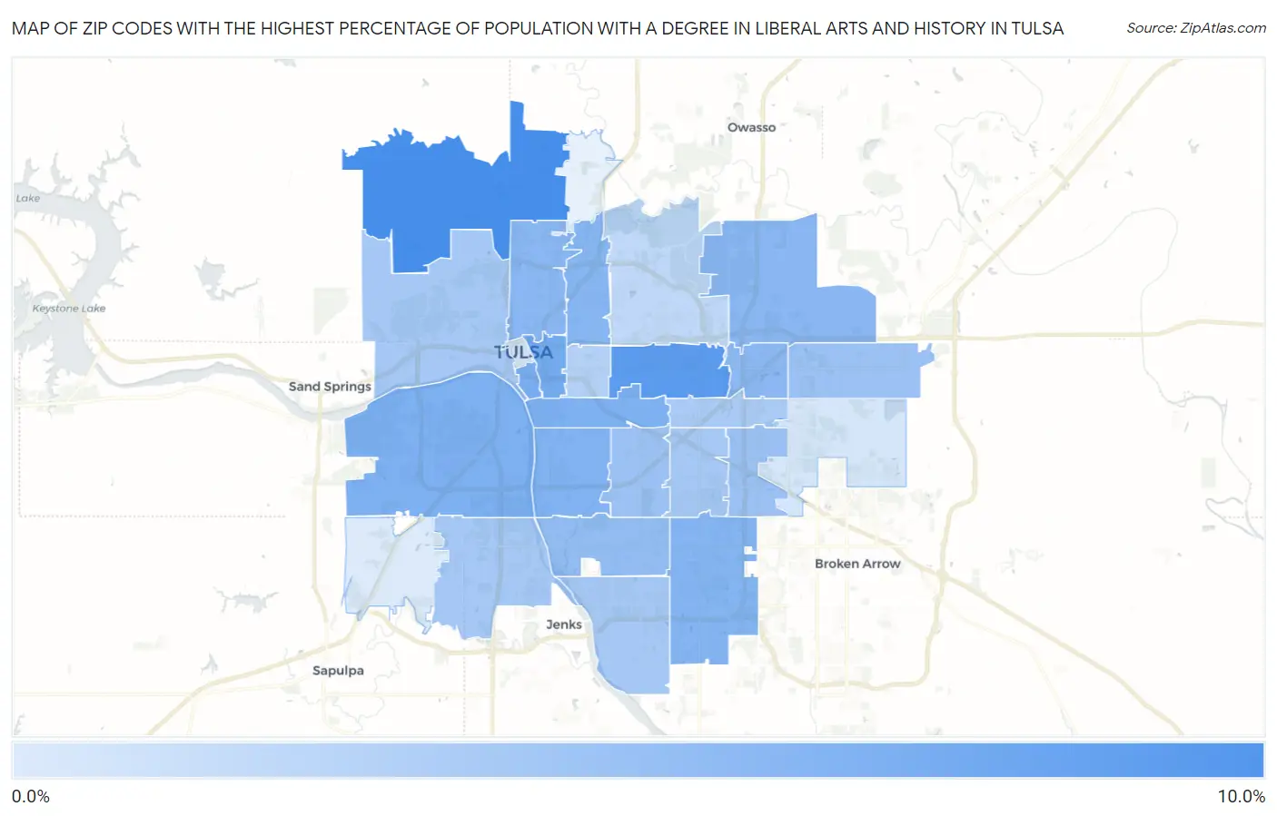 Zip Codes with the Highest Percentage of Population with a Degree in Liberal Arts and History in Tulsa Map