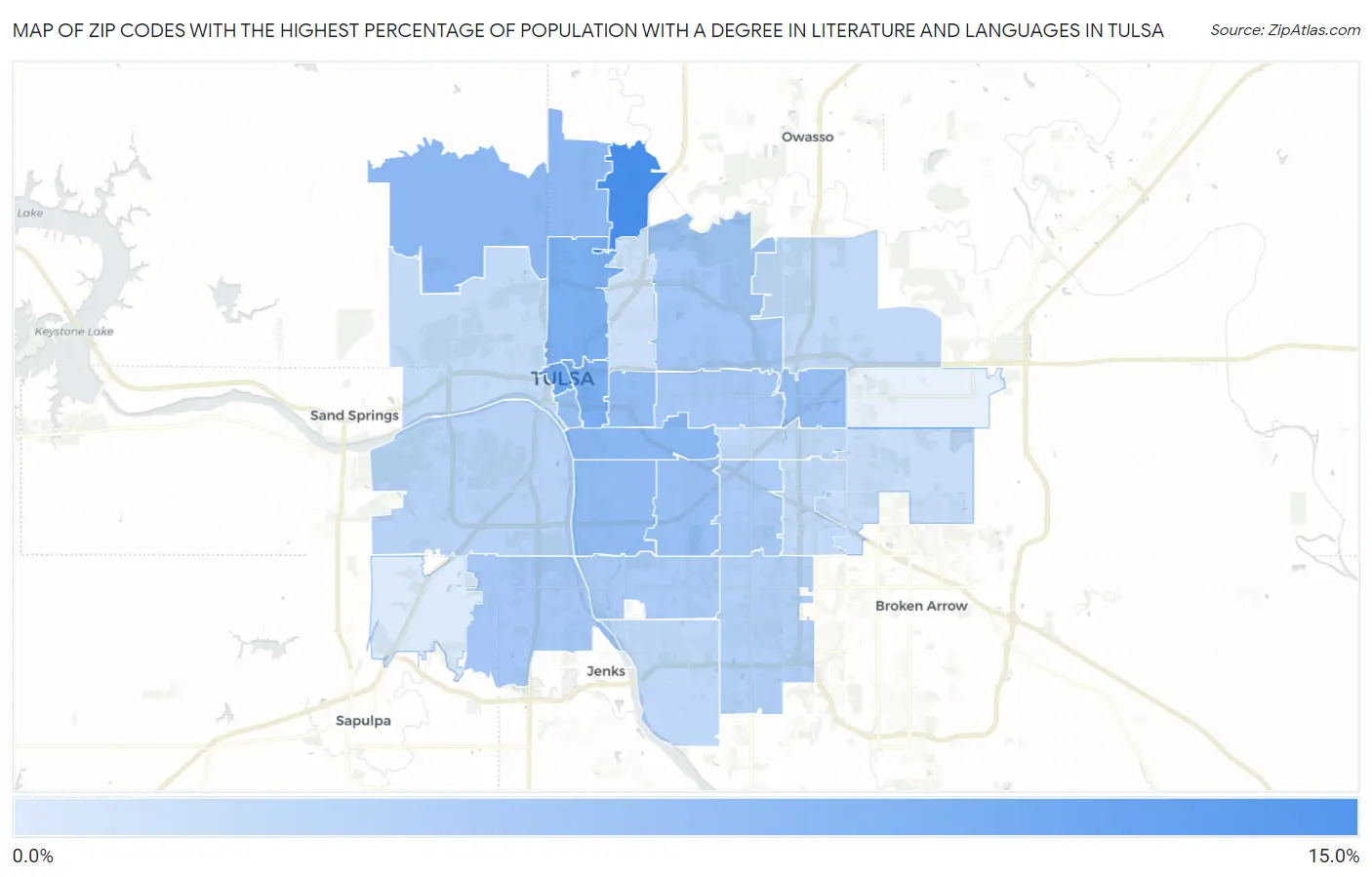Zip Codes with the Highest Percentage of Population with a Degree in Literature and Languages in Tulsa Map
