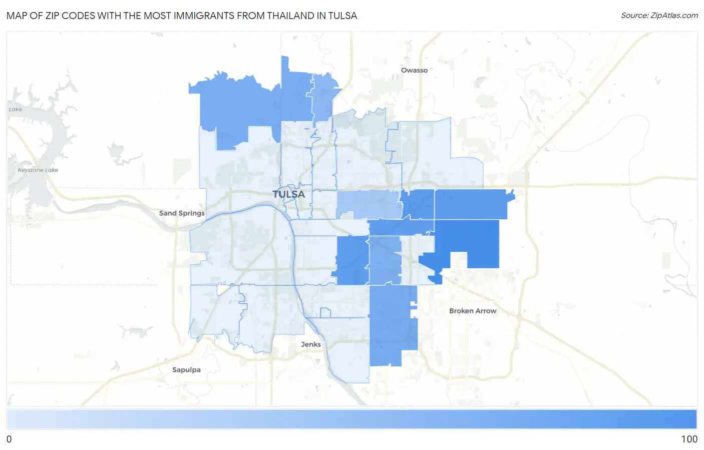 Zip Codes with the Most Immigrants from Thailand in Tulsa Map