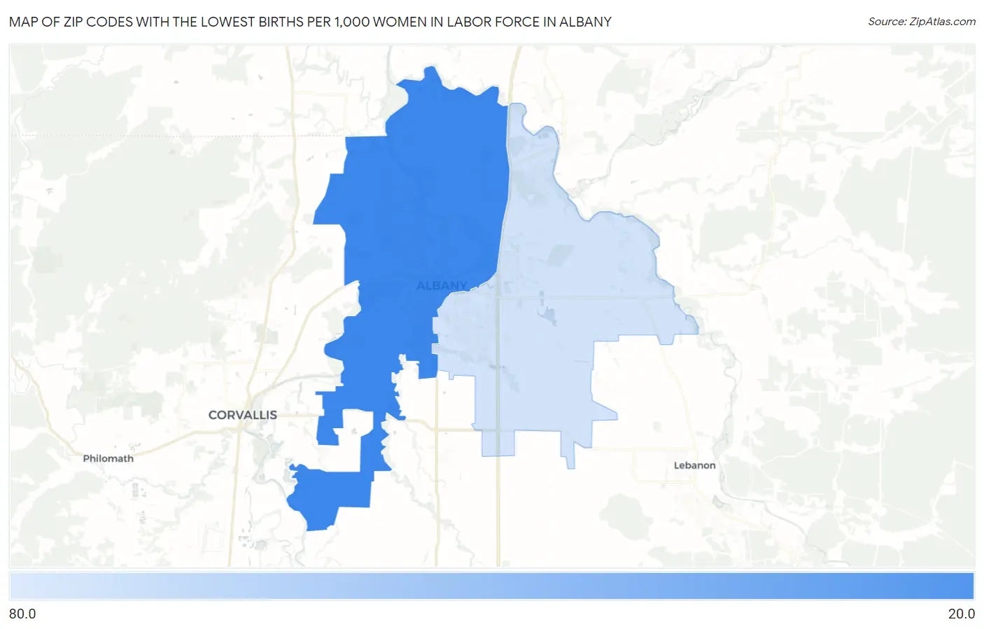 Zip Codes with the Lowest Births per 1,000 Women in Labor Force in Albany Map