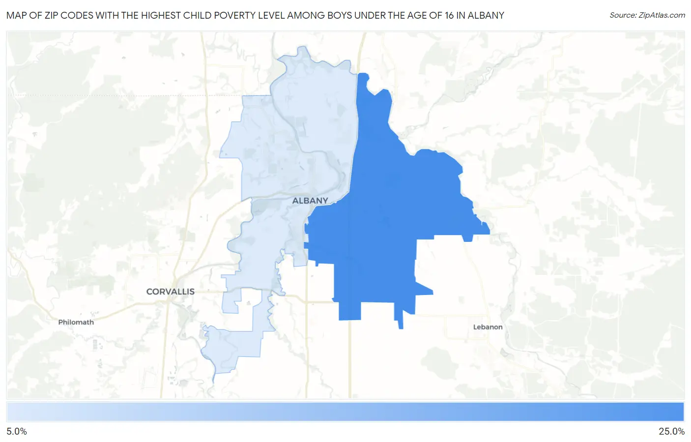 Zip Codes with the Highest Child Poverty Level Among Boys Under the Age of 16 in Albany Map