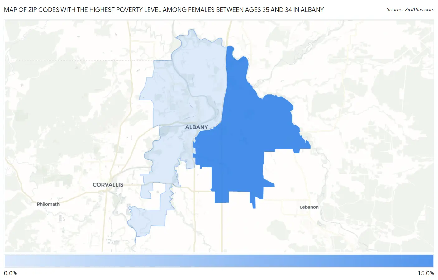 Zip Codes with the Highest Poverty Level Among Females Between Ages 25 and 34 in Albany Map