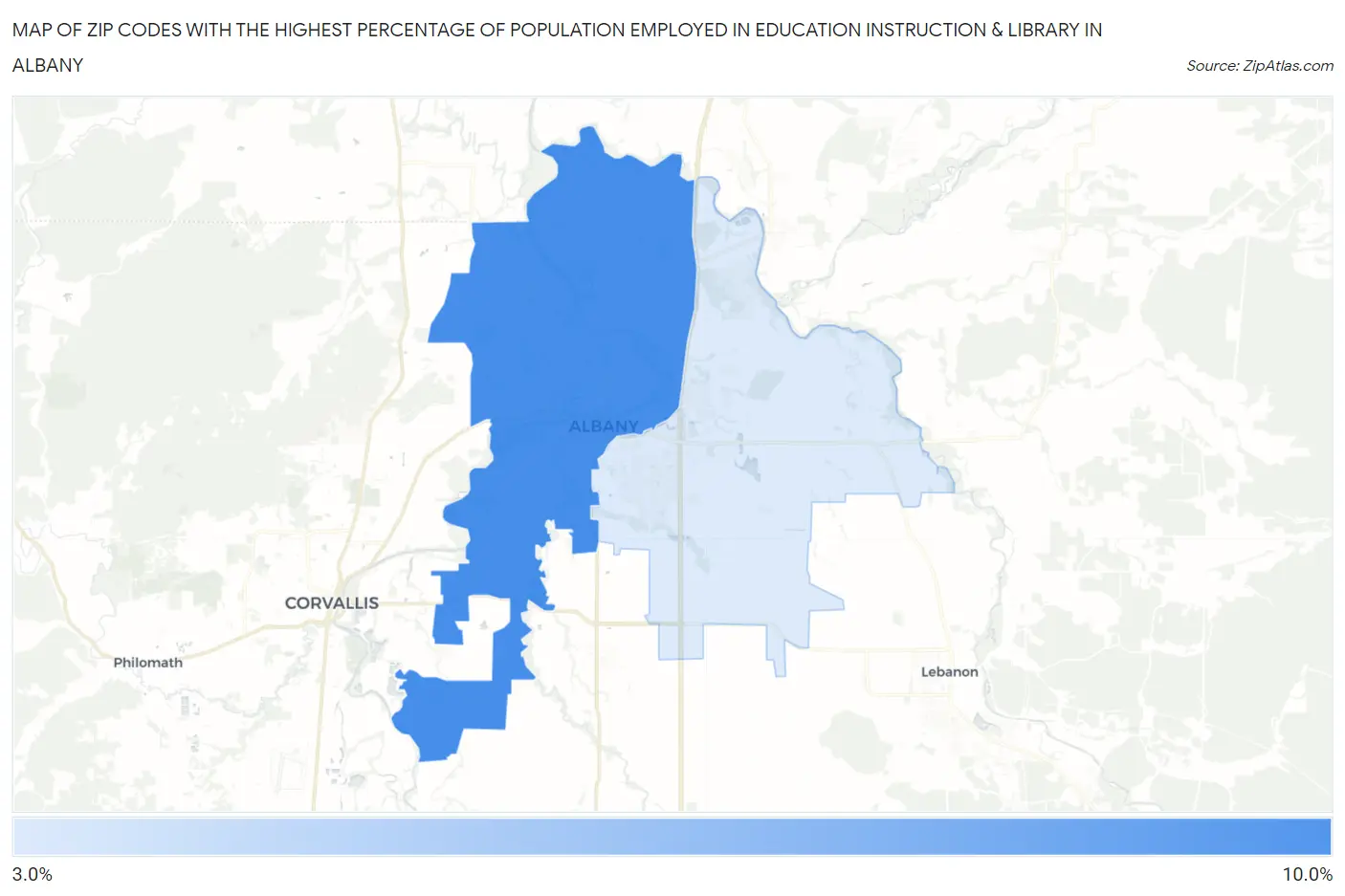 Zip Codes with the Highest Percentage of Population Employed in Education Instruction & Library in Albany Map