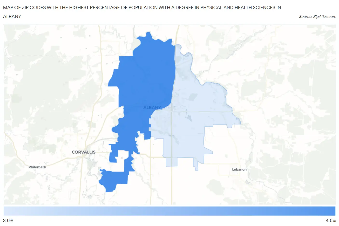 Zip Codes with the Highest Percentage of Population with a Degree in Physical and Health Sciences in Albany Map