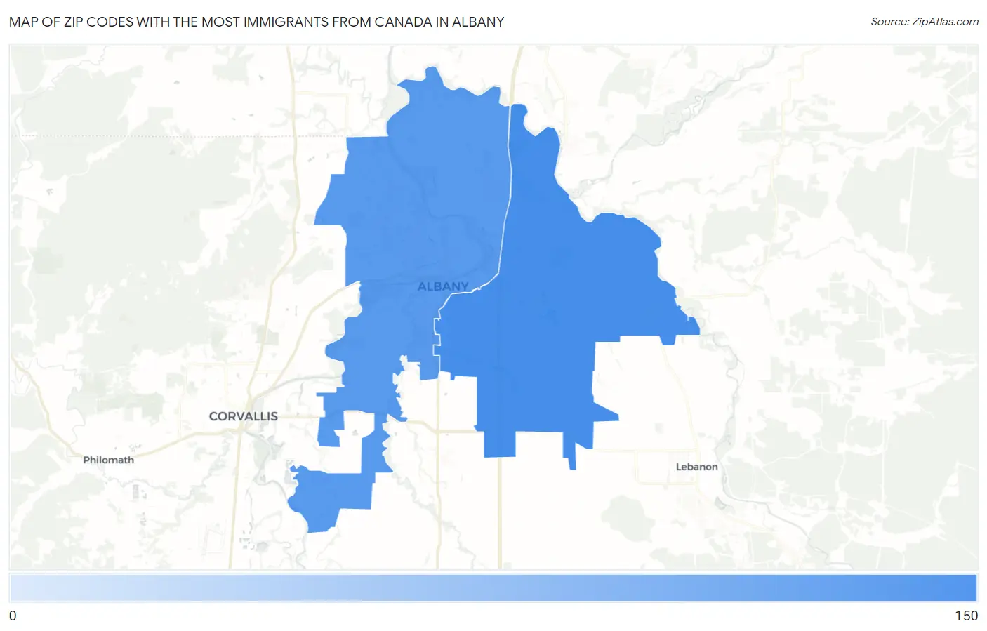 Zip Codes with the Most Immigrants from Canada in Albany Map