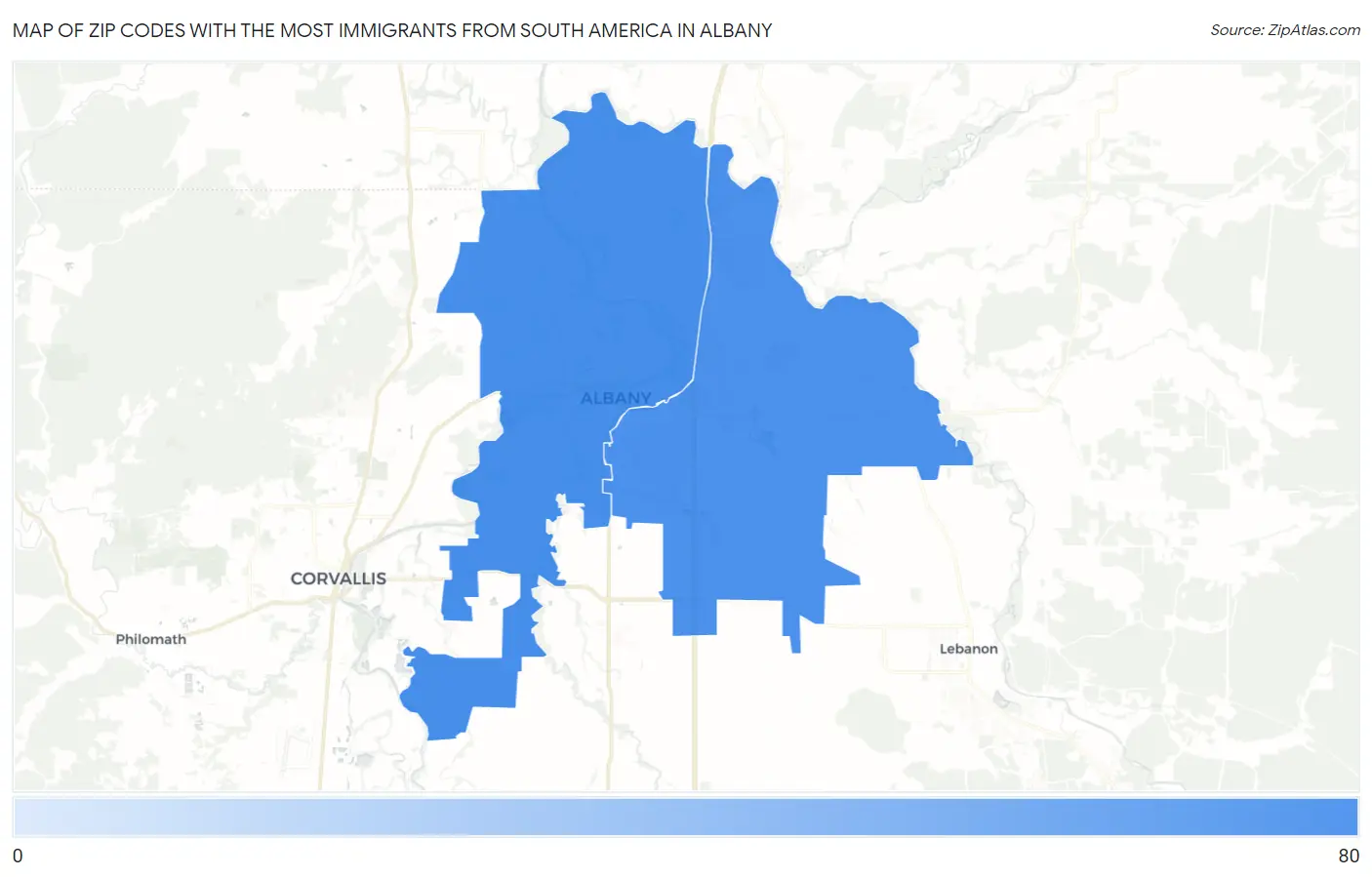 Zip Codes with the Most Immigrants from South America in Albany Map
