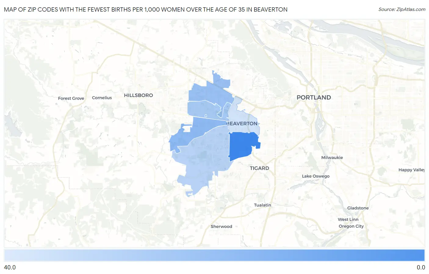 Zip Codes with the Fewest Births per 1,000 Women Over the Age of 35 in Beaverton Map