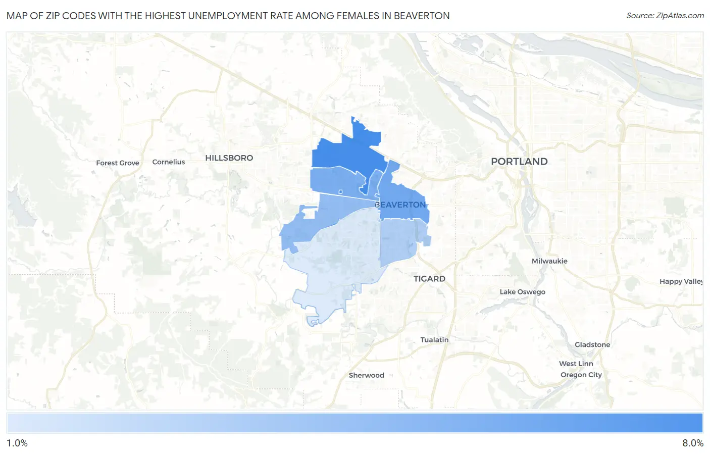 Zip Codes with the Highest Unemployment Rate Among Females in Beaverton Map
