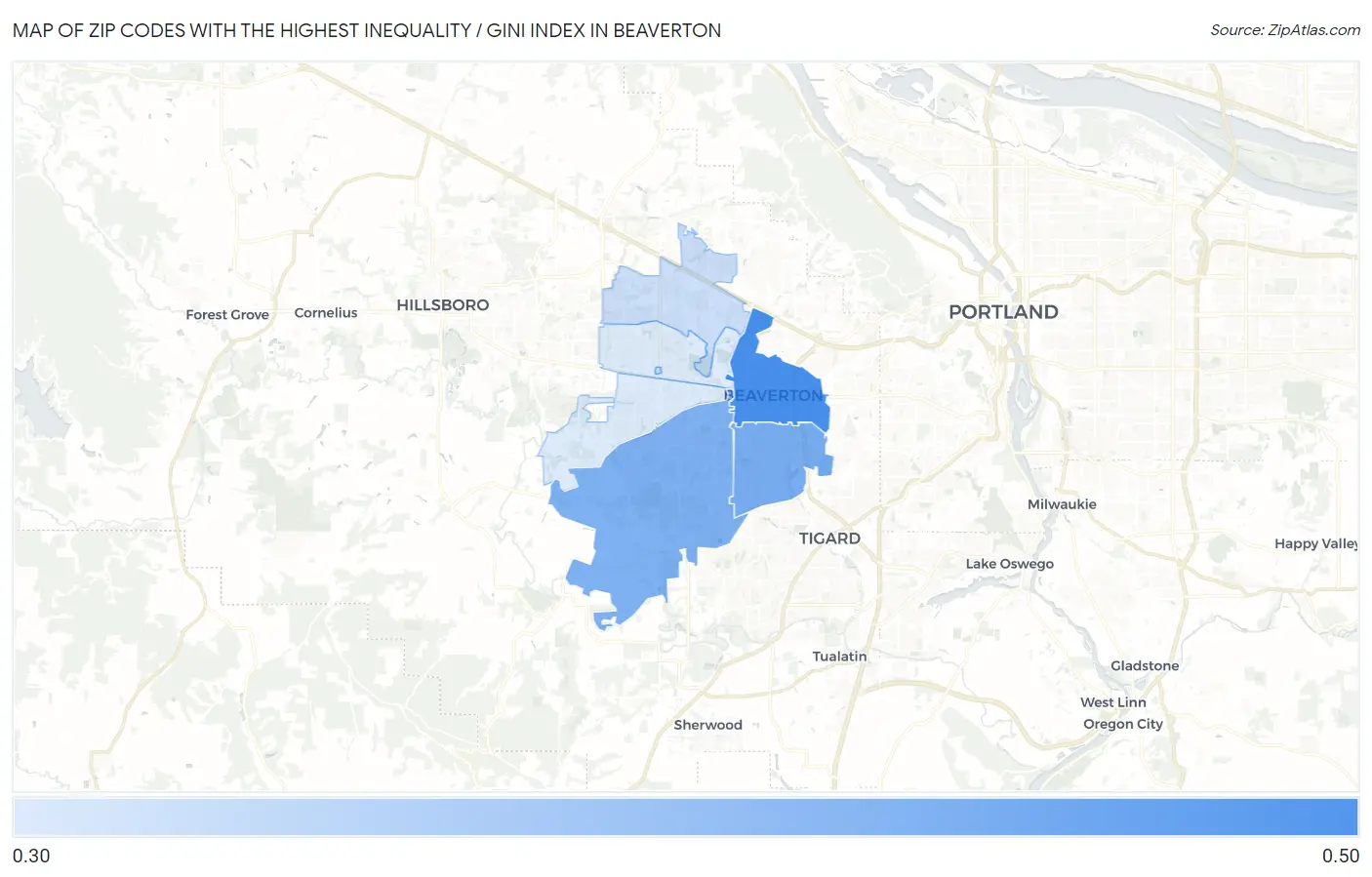 Zip Codes with the Highest Inequality / Gini Index in Beaverton Map