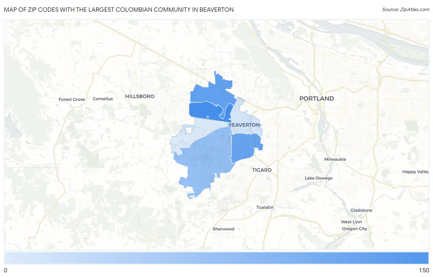 Zip Codes with the Largest Colombian Community in Beaverton Map