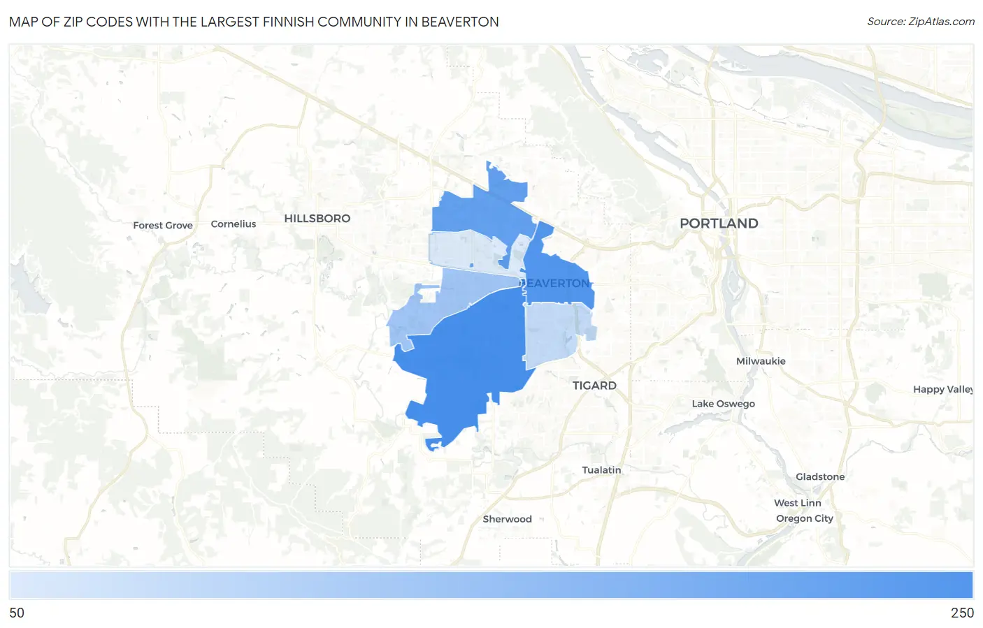 Zip Codes with the Largest Finnish Community in Beaverton Map