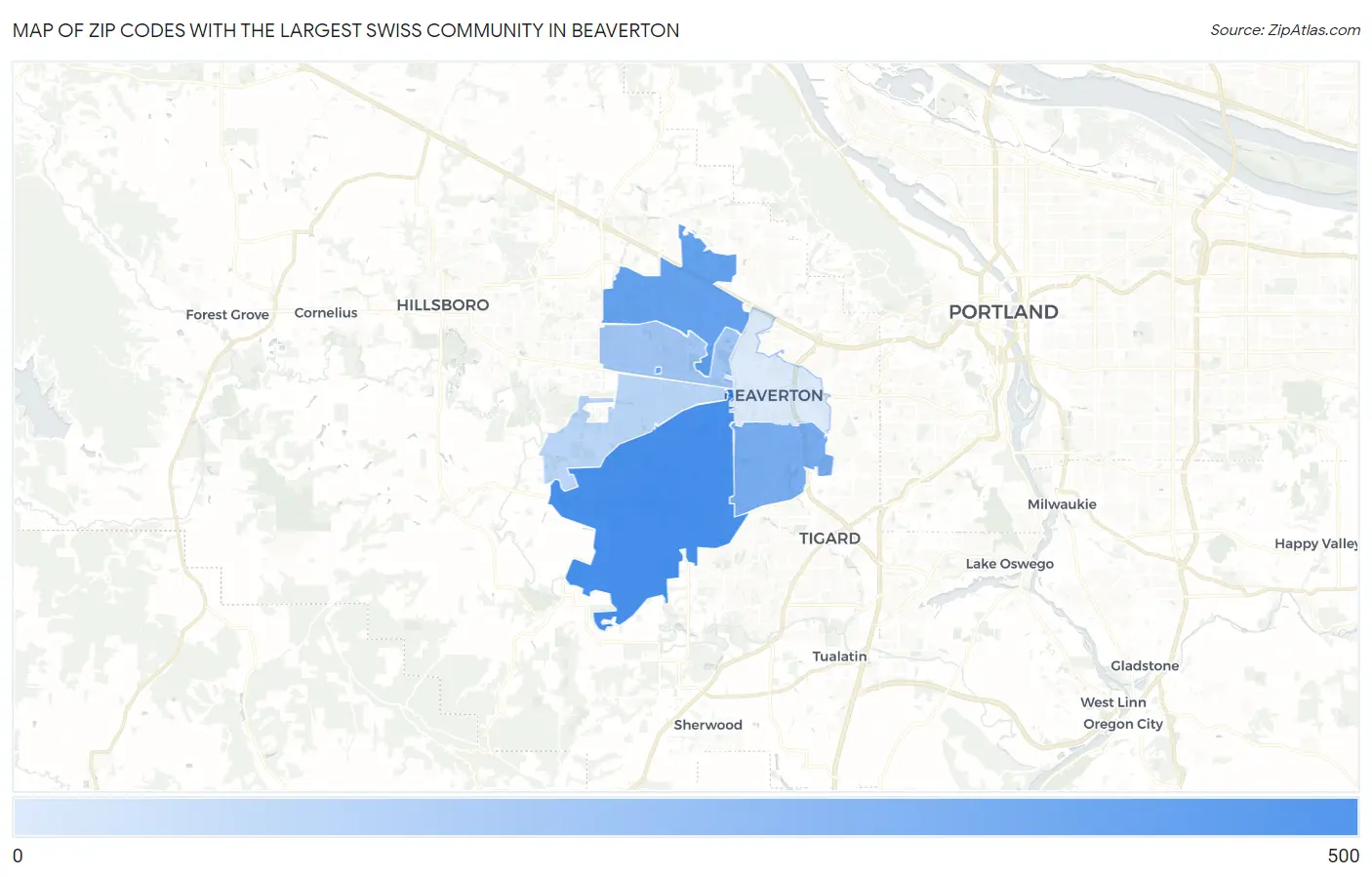 Zip Codes with the Largest Swiss Community in Beaverton Map