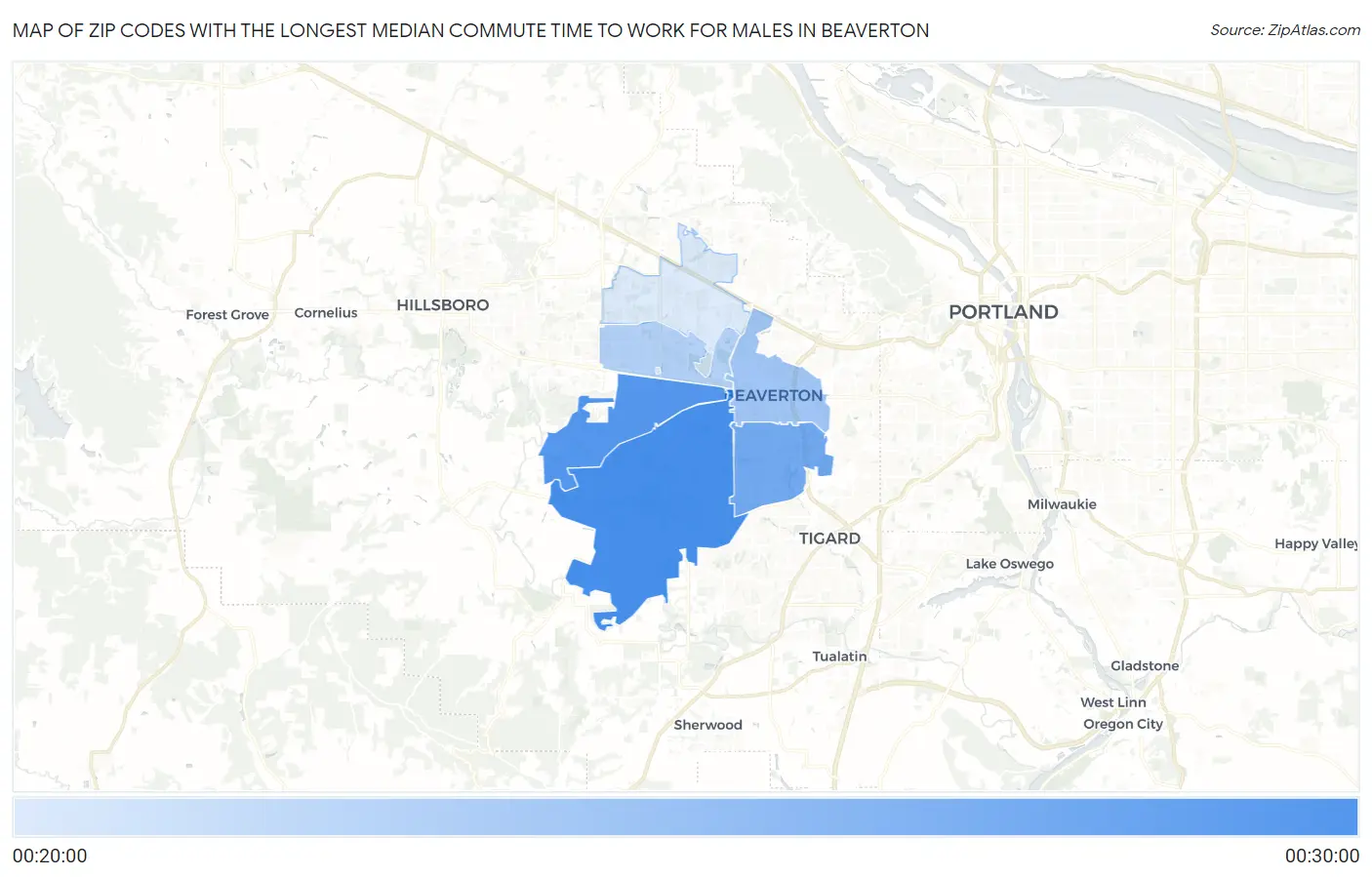 Zip Codes with the Longest Median Commute Time to Work for Males in Beaverton Map