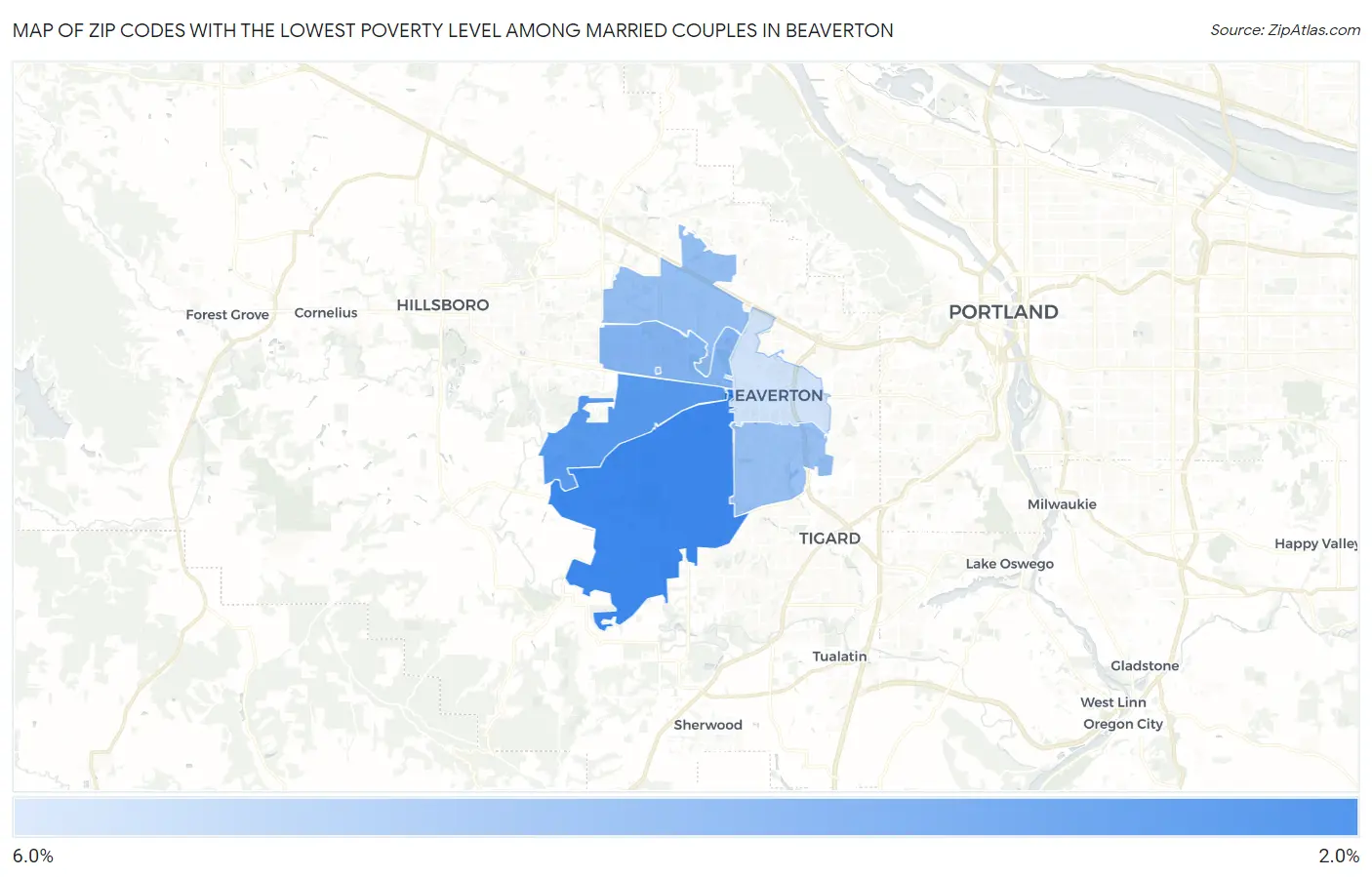 Zip Codes with the Lowest Poverty Level Among Married Couples in Beaverton Map